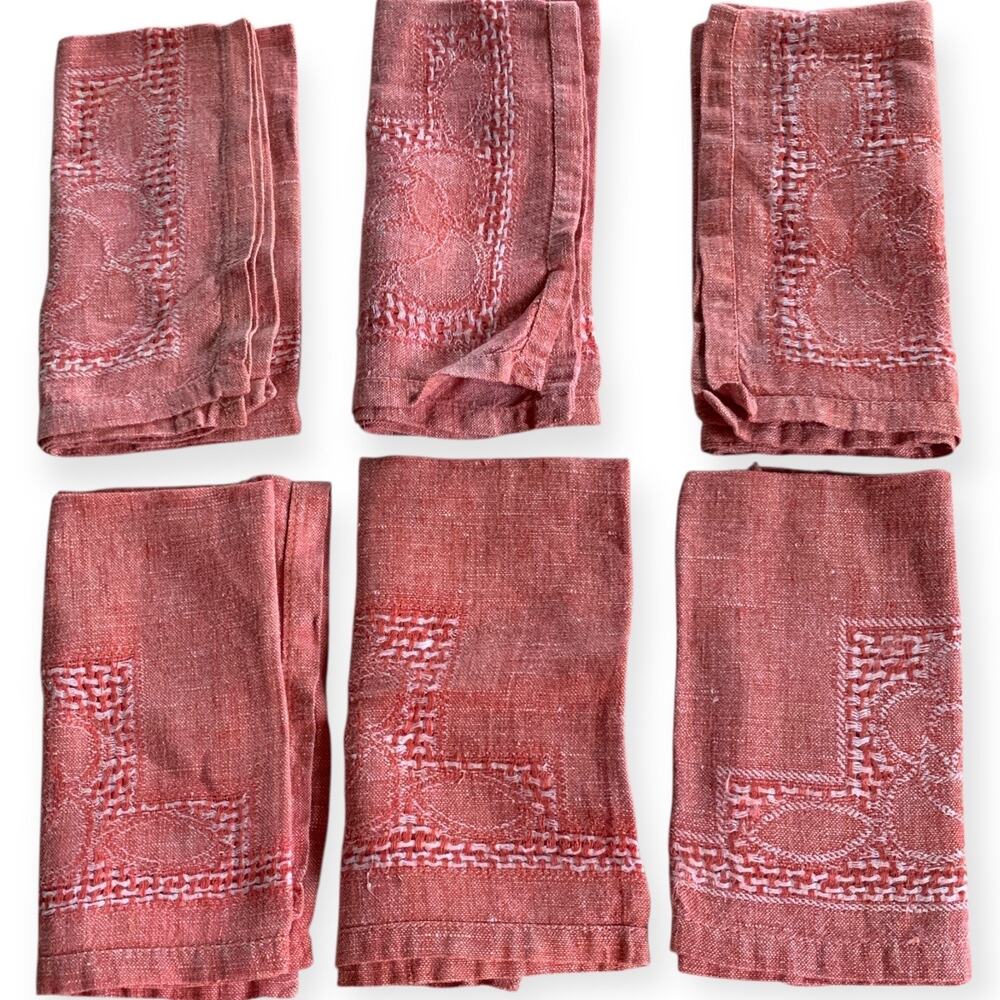 Set of 6 Red White Woven Floral Country Farmhouse Fabric Napkins